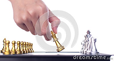 Business woman play Chess to success. Leader use strategy game to challenge competitor with intelligence leadership power to move Stock Photo