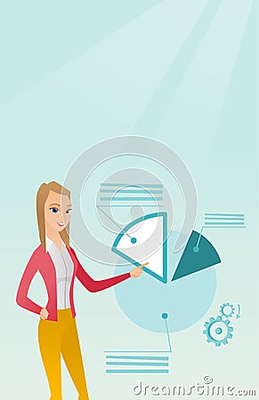 Business woman pointing at pie chart. Vector Illustration