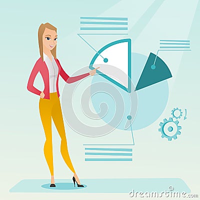 Business woman pointing at pie chart. Vector Illustration