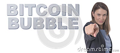 Business Woman pointing the text BITCOIN BUBBLE Stock Photo