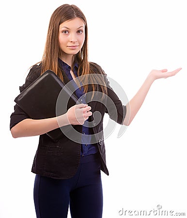 Business woman pointing to open space Stock Photo