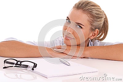 Business woman, portrait or documents desk on isolated white background in cv review, recruitment or strategy planning Stock Photo