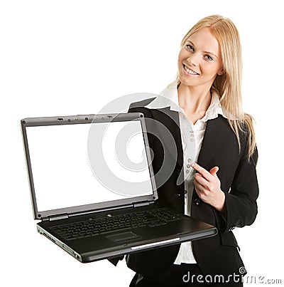 Business woman presenting laptopn Stock Photo