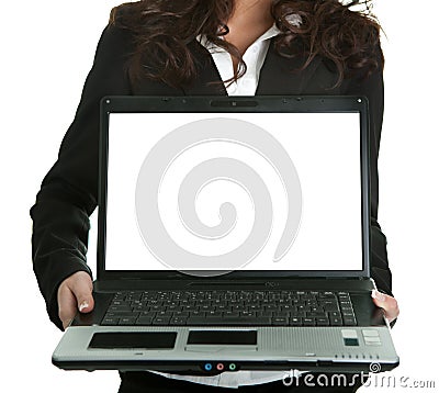 Business woman presenting laptopn Stock Photo