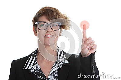 Business woman pressing red button Stock Photo