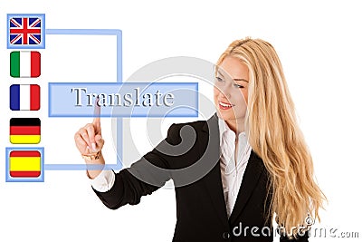 Business woman pressing virtual button translate Stock Photo