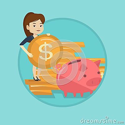 Business woman putting coin in piggy bank. Vector Illustration