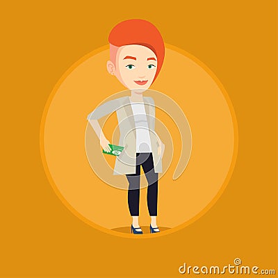 Business woman putting money bribe in pocket. Vector Illustration