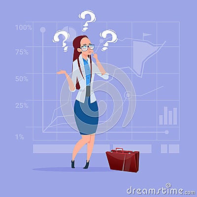 Business Woman With Question Mark Pondering Problem Concept Vector Illustration