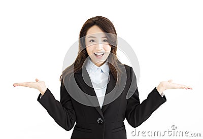 business woman raising her hands on both sides Stock Photo