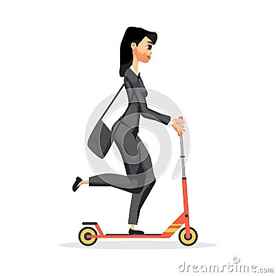 Business woman on a red kick scooter. Vector flat design illustration isolated on white background Vector Illustration