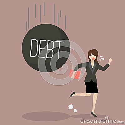 Business woman run away from heavy debt Vector Illustration