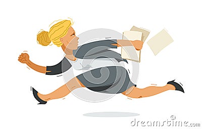 Business woman run and hurry late vector illustration, funny comic cute cartoon accountant or businesswoman worker or employee in Vector Illustration