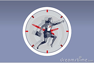 Business Woman Running inside Big Watch. Illustration Concept of Business Activities Around the Clock Vector Illustration