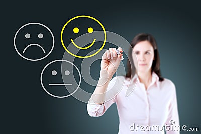 Business woman select happy on satisfaction evaluation. Blue background. Stock Photo