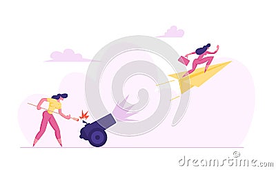 Business Woman is Setting on Fire the Cannon with Businesswoman flying on Paper Plane. Goal Achievement, Leadership Vector Illustration
