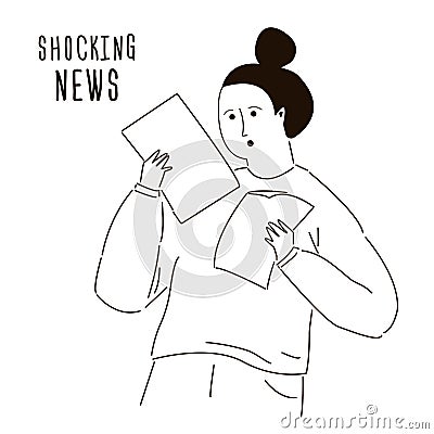 Business woman shocked with negative information. Young girl reading news in newspaper. Bad new and media concept Vector Illustration