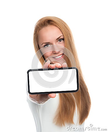 Business woman show blank card or mobile cell phone display Stock Photo