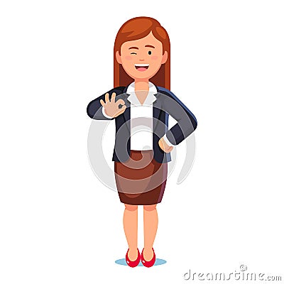 Business woman showing okay sign and winking Vector Illustration