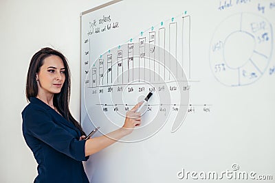 Business woman showing presentation on magnetic desk Stock Photo