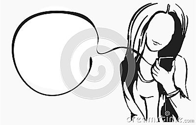 Business woman silhouette.The girl looks at the phone,which is holding in her hand. Female monochrome.Sketch comics Vector Illustration