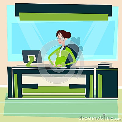 Business Woman Sitting Desk Working Computer Businesswoman Typing Vector Illustration