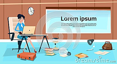 Business Woman Sitting Desk Working Laptop Computer Businesswoman Typing Vector Illustration