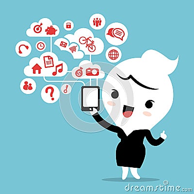 Business woman with smartphone device cloud social network Vector Illustration