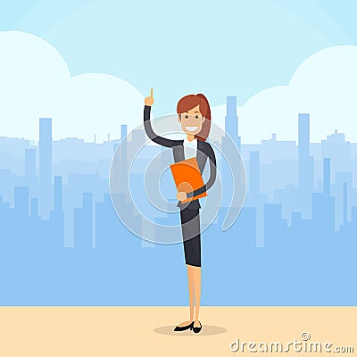 Business Woman Smile Point Finger Up Vector Illustration