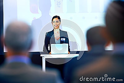 Business woman, smile and presentation with projector screen, conference or workshop with laptop for slideshow Stock Photo