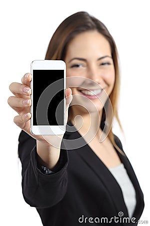 Business woman smiling showing a blank smart phone screen Stock Photo