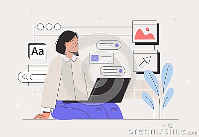 Business woman, smm manager, programmer, sit on infographic and work on laptop. Freelancer working on web and Vector Illustration