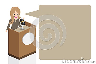 Business woman speaking on stage with microphone and podium, illustration, Vector Illustration