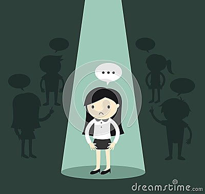 Business woman standing alone in spotlight and feeling awkward. Vector Illustration