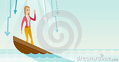 Business woman standing in sinking boat. Vector Illustration