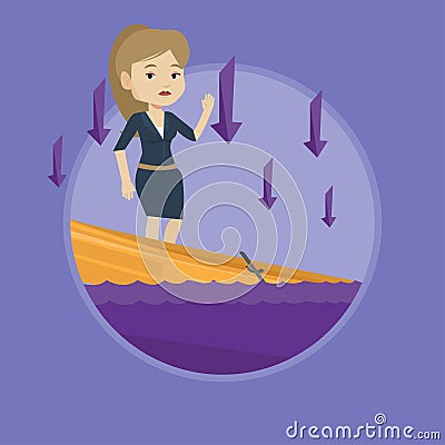 Business woman standing in sinking boat. Vector Illustration