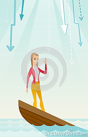 Business woman standing in sinking boat. Vector Illustration