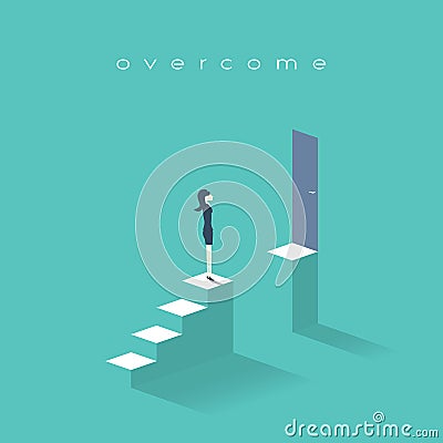 Business woman standing on top of stairs. Symbol businesswoman challenges, obstacles and barriers in career, corporate Vector Illustration