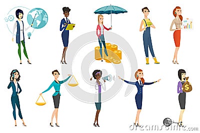 Business woman, stewardess, doctor profession set. Vector Illustration