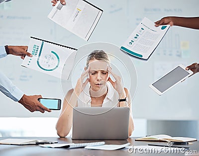 Business woman stress, anxiety and mental health burnout in busy, challenge crisis and frustrated office workplace Stock Photo