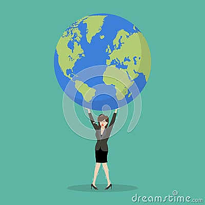 Business woman struggling to carry globe Vector Illustration