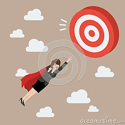Business Woman Super Hero Fly to Big Target Vector Illustration