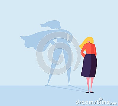 Business Woman with a Super Hero Shadow. Female Character with Cape Silhouette. Businesswoman Leadership Motivation Vector Illustration