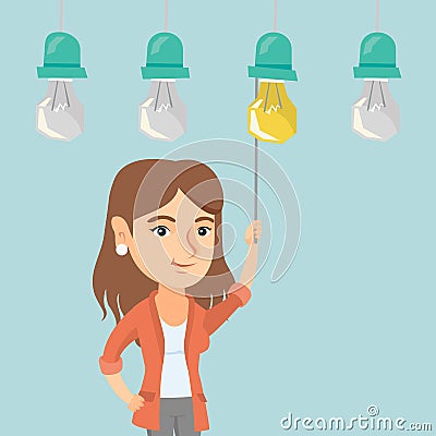 Business woman switching on hanging idea bulb. Vector Illustration