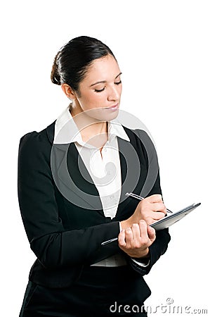 Business woman taking notes on clipboard Stock Photo