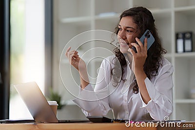 Business woman talking phone at office space. real estate, lawyer, non-profit, marketing Stock Photo