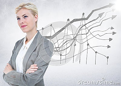 Business woman thinking against graph doodle and white background with flare Stock Photo