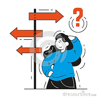 Business woman thinking making decision with arrow destination signpost and question mark Vector Illustration
