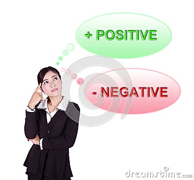 Business woman thinking about positive and negative thinking Stock Photo