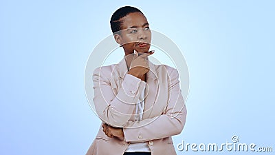 Business, woman and thinking in studio of ideas, emoji and remember memory on blue background. Curious african worker Stock Photo